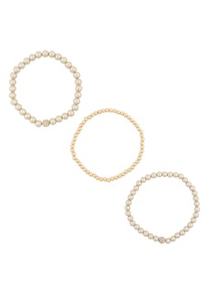 Anne Klein Set of Three Crystal & Imitation Pearl Beaded Stretch Bracelets in Pearl/Crystal/Gold at Nordstrom Rack