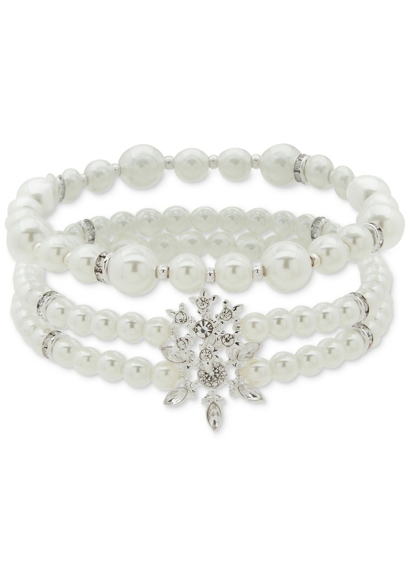 Anne Klein Silver-Tone 3-Pc. Set Crystal Snowflake & Imitation Pearl Stretch Bracelets - Pearl