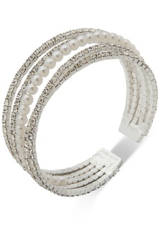 Anne Klein Silver-Tone Crystal & Imitation Pearl Bangle Bracelet - Crystal Wh