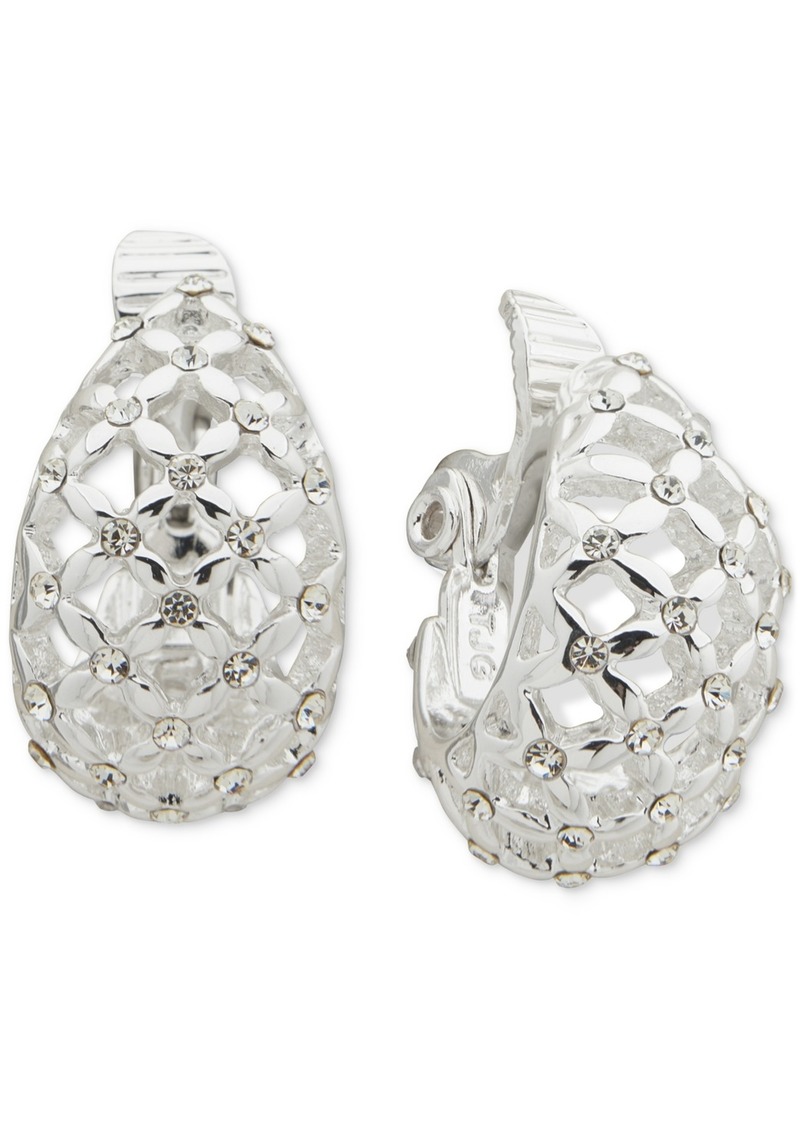 Anne Klein Silver-Tone Puffy Crystal Mesh Button Clip On Earrings - Silver