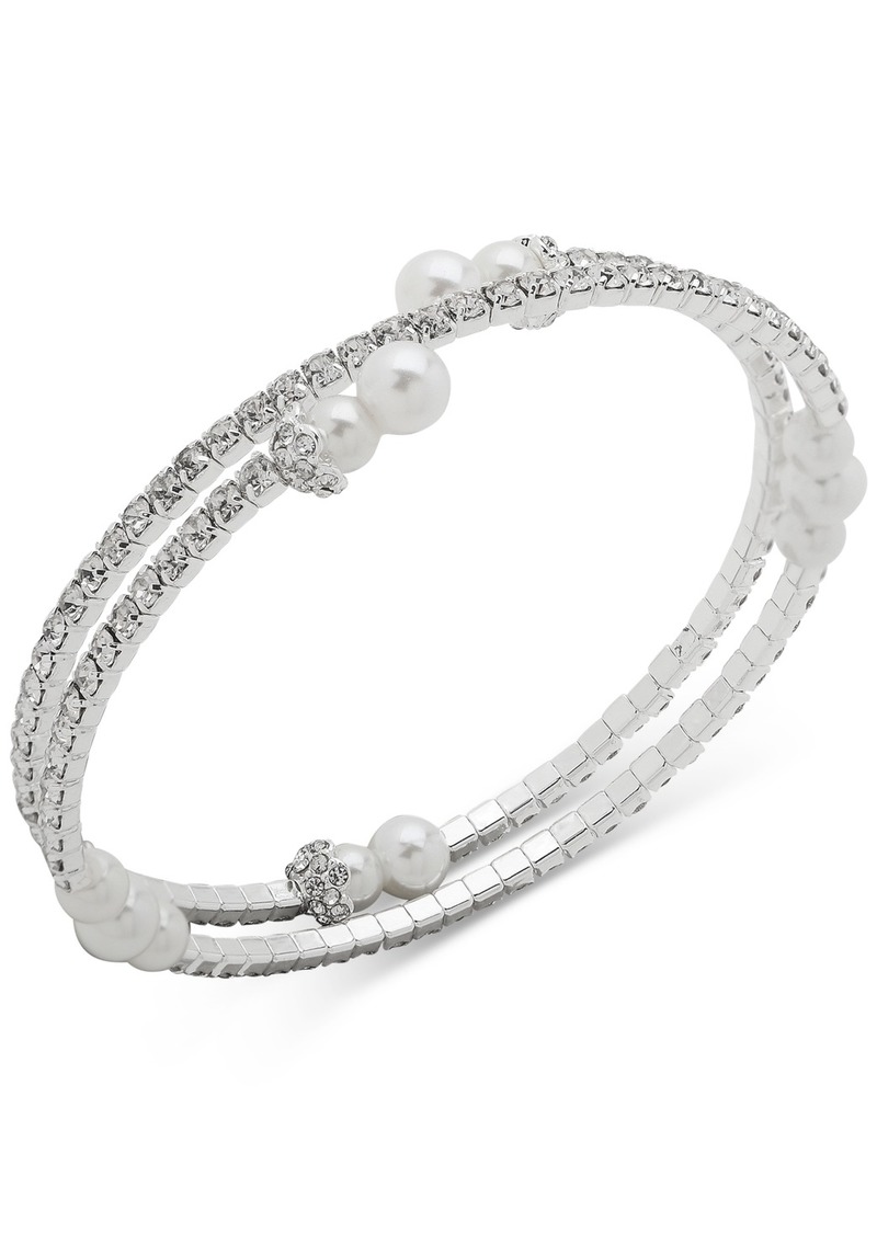 Anne Klein Silver-Tone Imitation Pearl & Crystal Coil Bracelet - Pearl