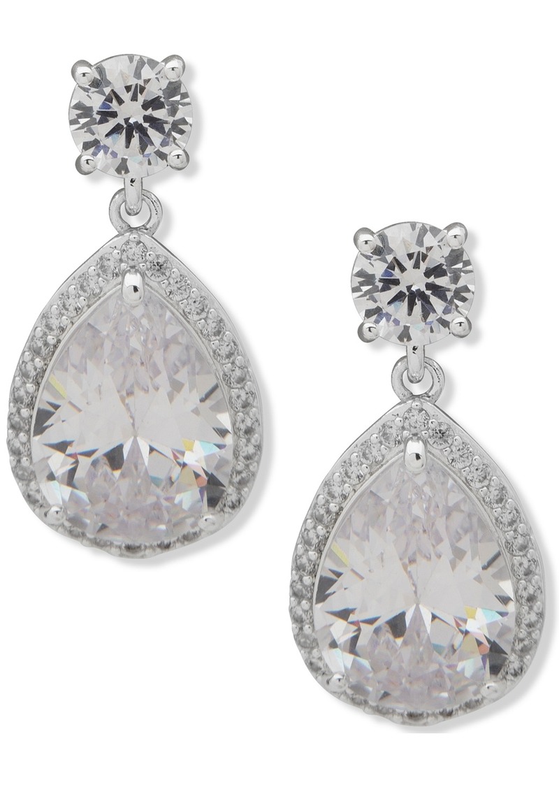 Anne Klein Silver-Tone Pear-Shape Crystal Halo Drop Earrings - White