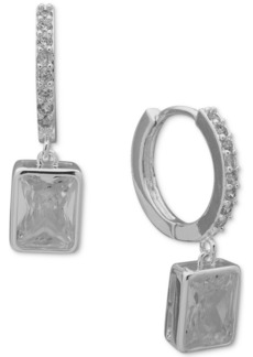 Anne Klein Silver-Tone Rectangle Crystal Charm Pave Hoop Earrings - Crystal