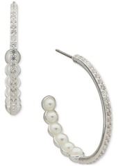 "Anne Klein Silver-Tone Small Pave & Imitation Pearl Hoop Earrings, 0.85"" - Pearl"