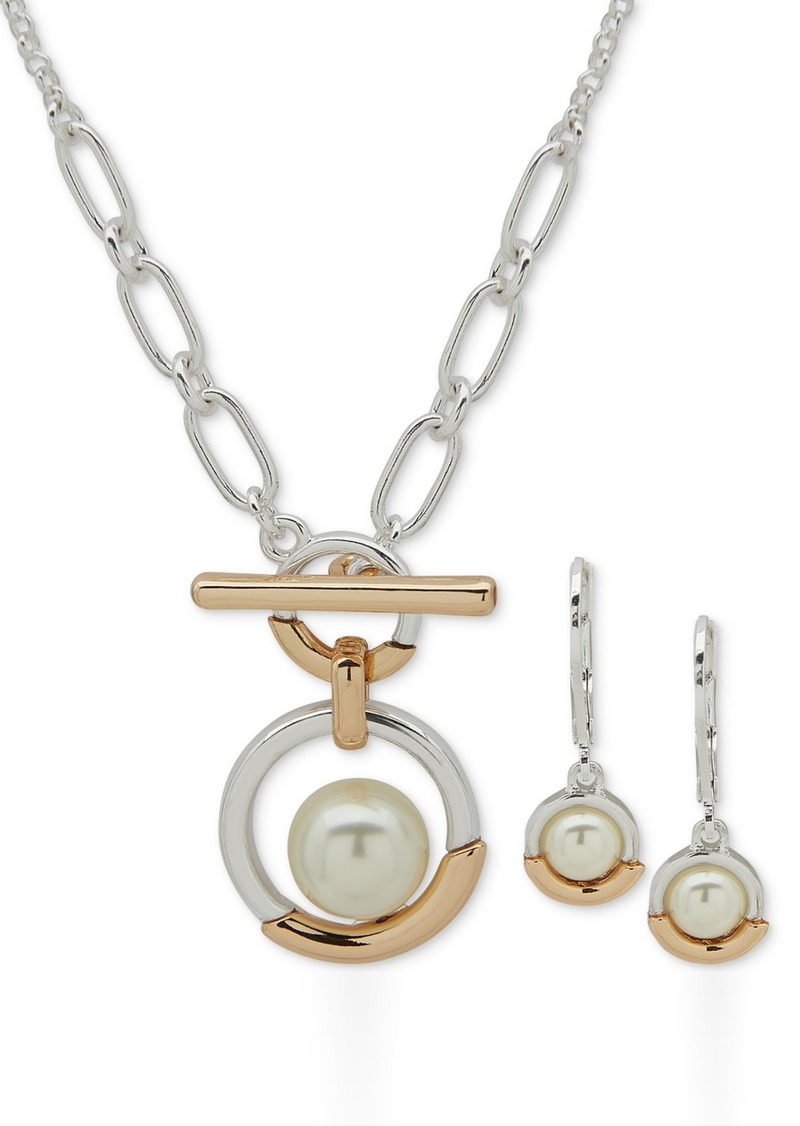Anne Klein Two-Tone Imitation Pearl Ring Pendant Necklace & Drop Earrings Set - Pearl
