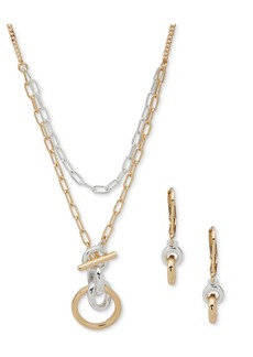 Anne Klein Two-Tone Linked Ring Layered Pendant Necklace & Drop Earrings Set - Gold/silve