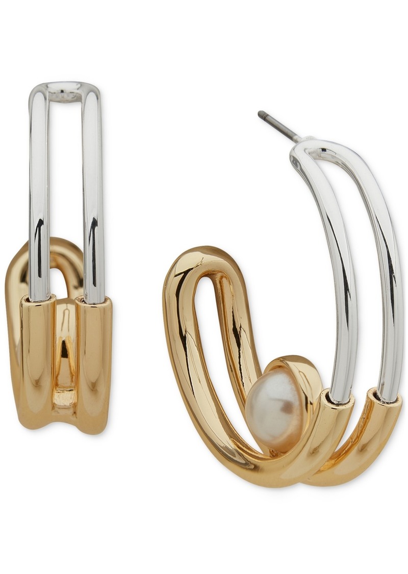 "Anne Klein Two-Tone Medium Imitation Pearl Double-Row C-Hoop Earrings, 1.1"" - Pearl"