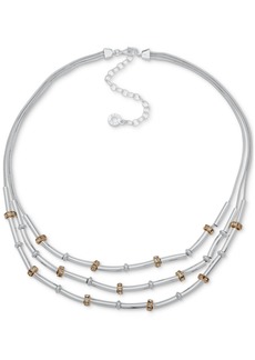 "Anne Klein Two-Tone Pave Rondelle Bead & Bar Triple-Row Statement Necklace, 16"" + 3"" extender - Crystal"