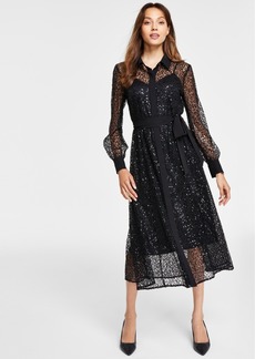 Anne Klein Women's Button-Front A-Line Sequin Lace Dress, Created for Macy's - Anne Black