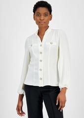 Anne Klein Women's Collarless Long-Sleeve Blouse - Anne White