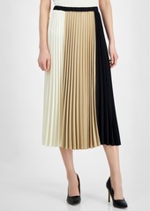 Anne Klein Petite Pull-On Colorblocked Pleated Skirt - Anne Black/Latte/Anne White