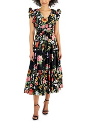 Anne Klein Women's Cotton Floral-Print Tie-Waist Midi Dress - Anne Black