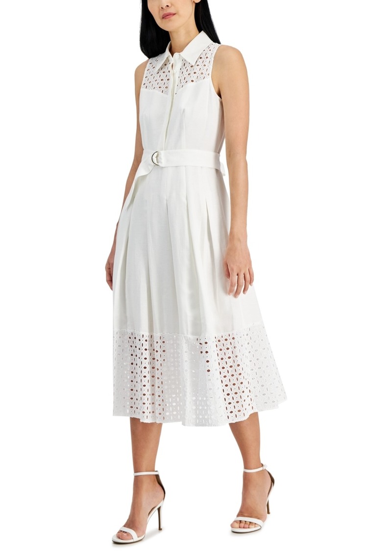 Anne Klein Women's Linen-Blend Eyelet-Embroidered Belted Pleated Dress - Bright Whi