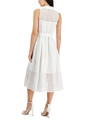 Anne Klein Women's Eyelet-Embroidered Belted Pleated Dress - Bright Whi