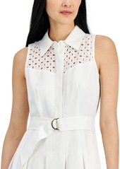 Anne Klein Women's Linen-Blend Eyelet-Embroidered Belted Pleated Dress - Bright Whi
