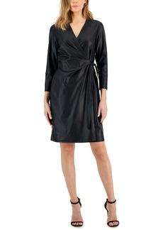 Anne Klein Women's Faux-Leather Classic Faux-Wrap Dress - Anne Black