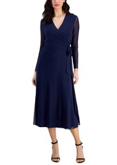 Anne Klein Women's Faux-Wrap Mesh-Sleeve Midi Dress - Anne Black