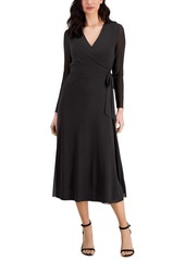 Anne Klein Women's Faux-Wrap Mesh-Sleeve Midi Dress - Midnight Navy