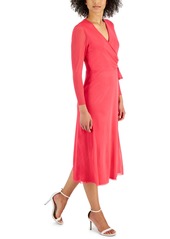 Anne Klein Women's Faux-Wrap Mesh-Sleeve Midi Dress - Rich Camel