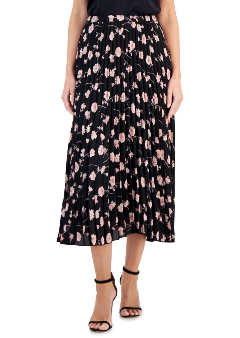 Anne Klein Women's Floral-Print Pleated Midi Skirt, Created for Macy's - Black/Cherry Blossom