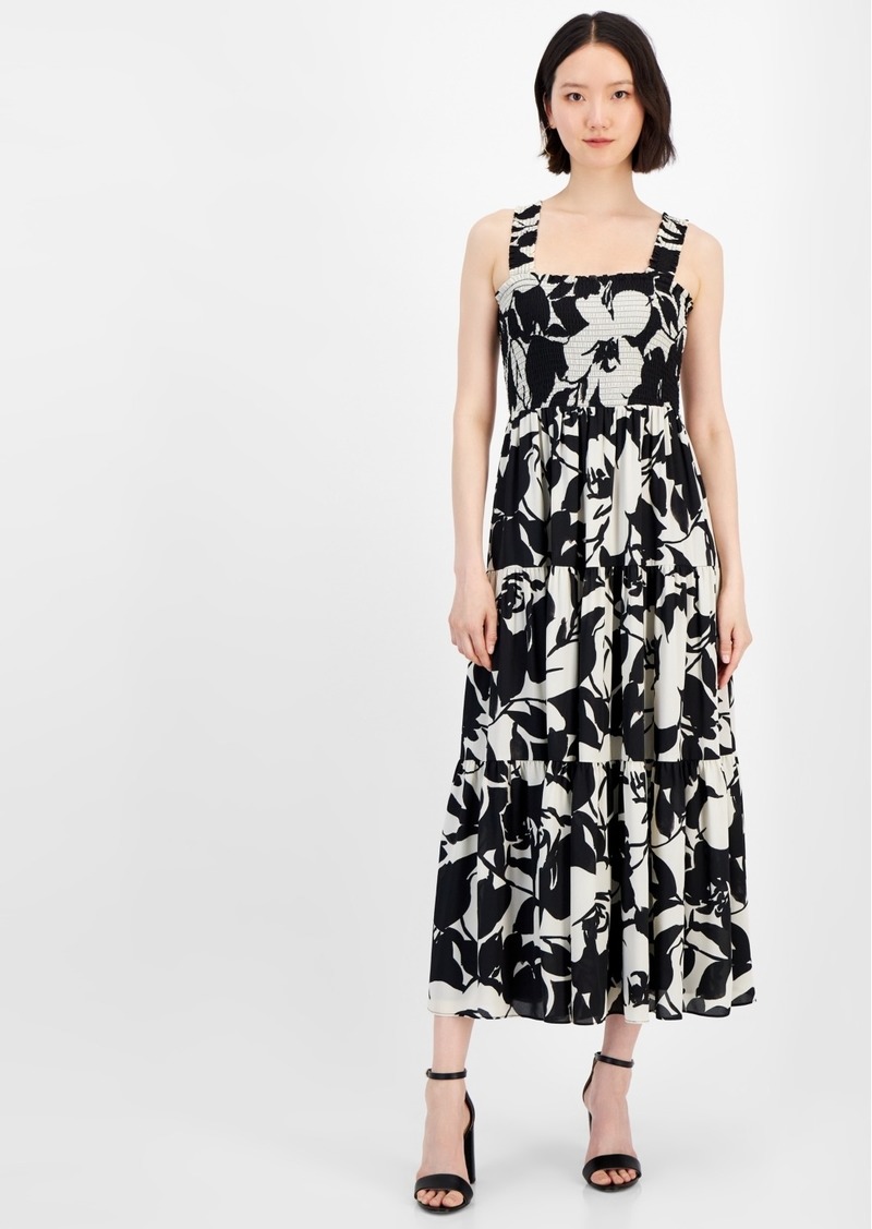 Anne Klein Women's Floral-Print Smocked Midi Dress - Anne Black