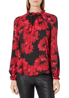 Anne Klein Women's Floral Printed Ruffle Neck Blouse with Keyhole Back