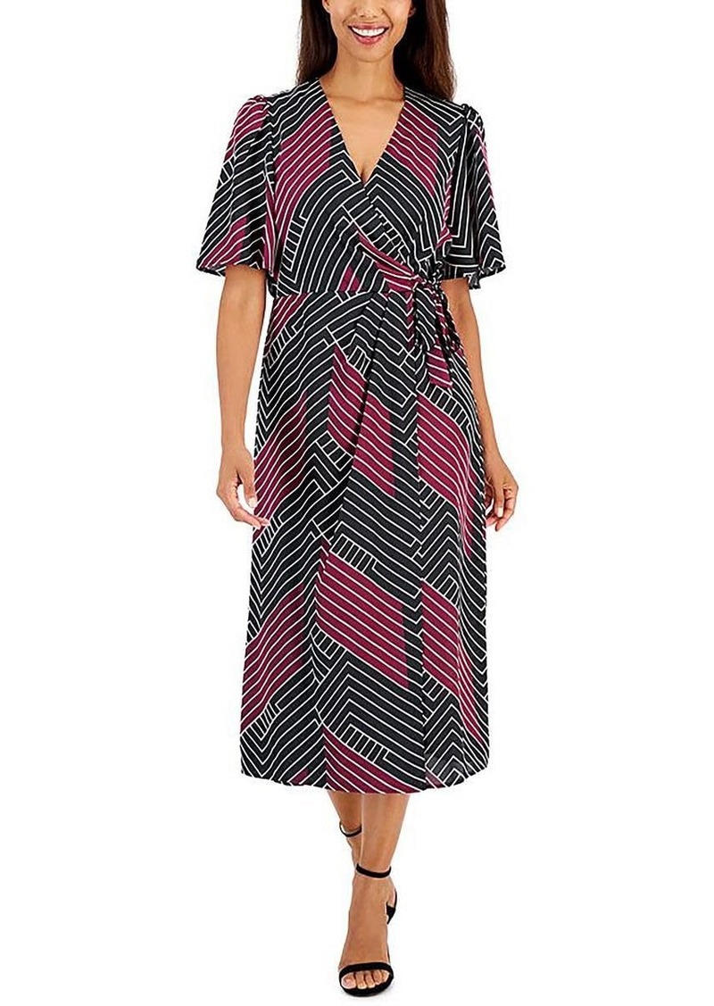 Anne Klein Women's Flutter Sleeve Printed Satin Faux WRAP Dress