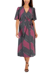 Anne Klein Women's Flutter-Sleeves Faux-Wrap Dress - Anne Black/Chianti Multi