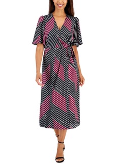Anne Klein Women's Flutter-Sleeves Faux-Wrap Dress - Anne Black/Chianti Multi