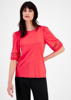 Anne Klein Women's Harmony Knit Open-Trim Elbow-Sleeve Top, Created for Macy's - Red Pear