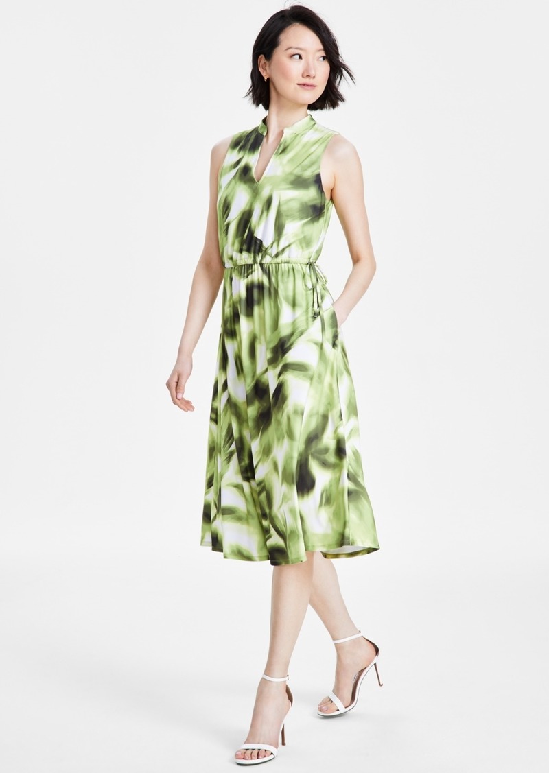 Anne Klein Women's Jenna Blurry-Print Drawstring-Waist Dress - BRIGHT WHITE/SPROUT