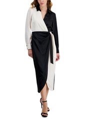 Anne Klein Women's Long-Sleeve Faux-Wrap Midi Dress - Poppy/Light Amaranth