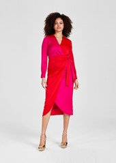 Anne Klein Women's Long-Sleeve Faux-Wrap Midi Dress - Anne Black/Anne White