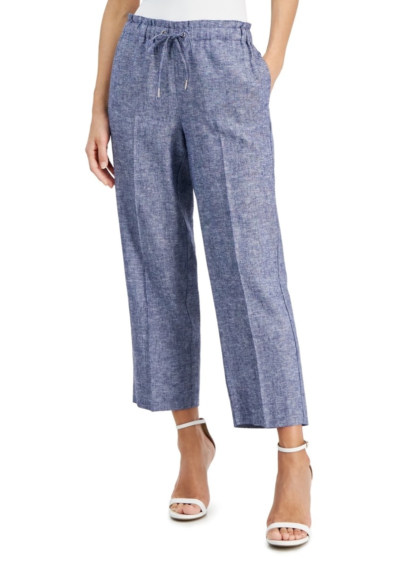 Anne Klein Women's Linen-Blend Mid Rise Drawstring-Waist Crop Pants - Dstnt Mt/b