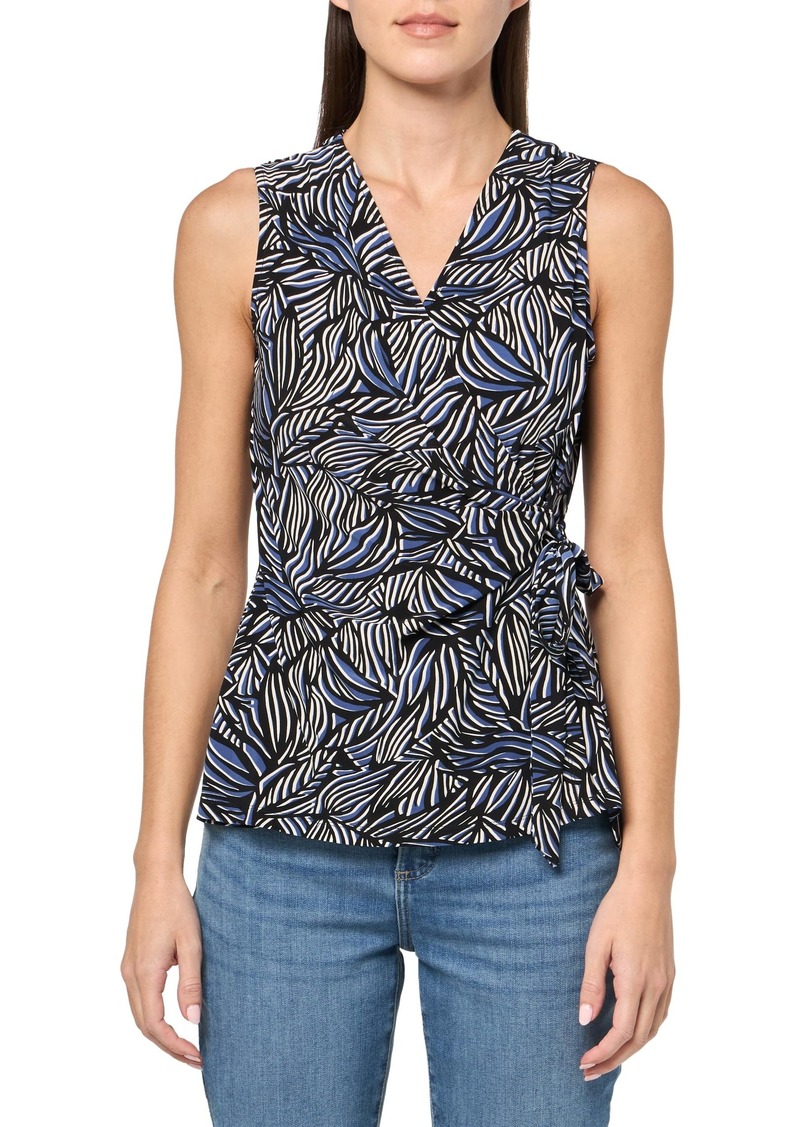 Anne Klein Women's Petite Printed ITY Sleeveless WRAP TOP DEEP Sapphire/Black Diamond