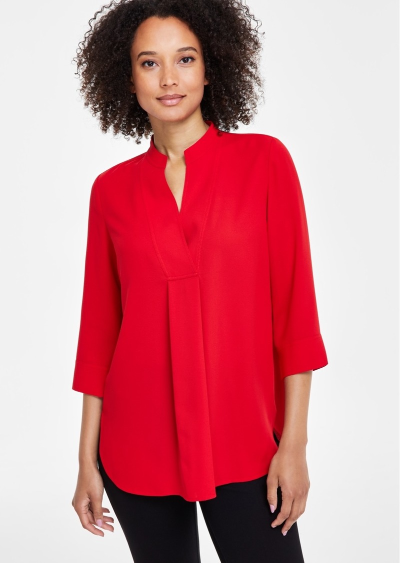 Anne Klein Women's Pleat-Front 3/4-Sleeve Tunic Top - Bright Crimson