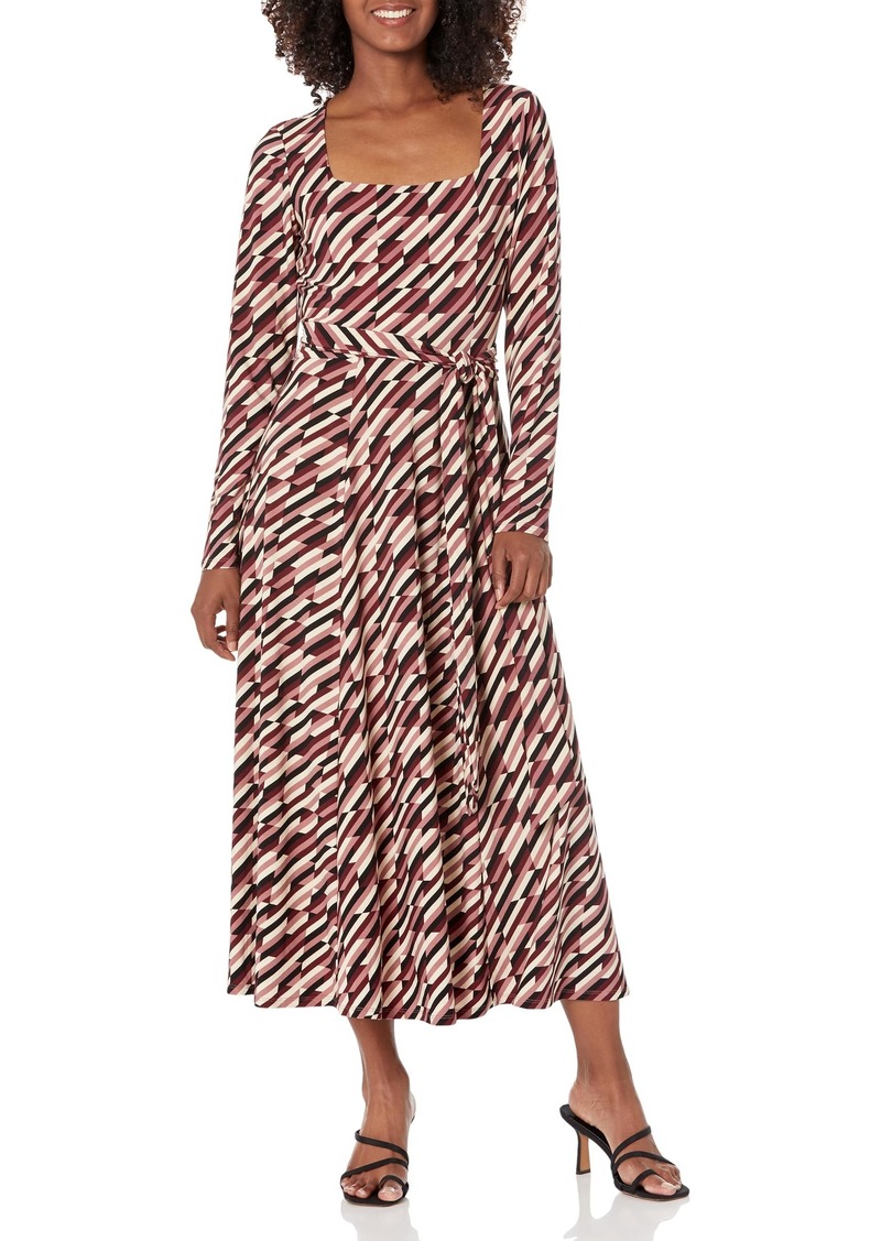 Anne Klein Women's Plus Size Printed Square Neck TIE Waist MIDI Dress