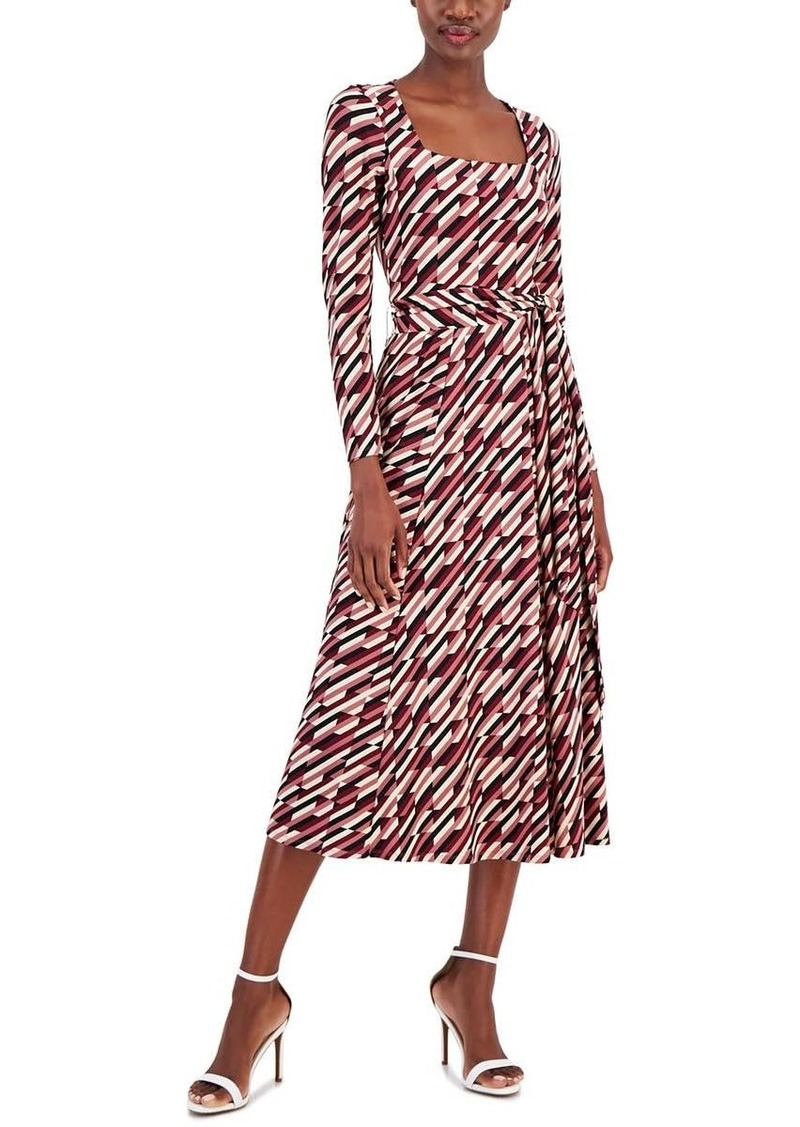 Anne Klein Women's Printed Square Neck TIE Waist MIDI Dress Double Knock-Out