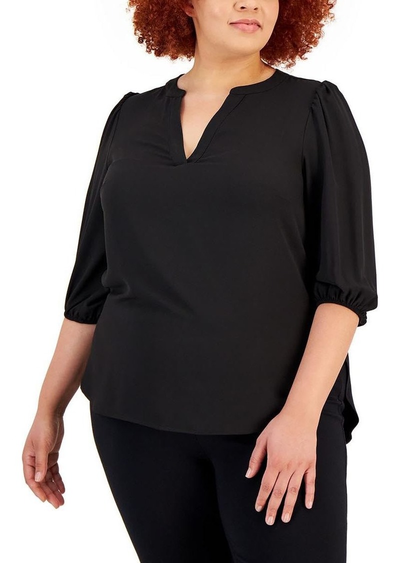 Anne Klein Women's Plus Size Split Neck HIGH Low Long SLV Blouse