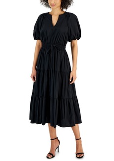 Anne Klein Women's Poplin Tiered Puff-Sleeve Midi Dress - Anne Black