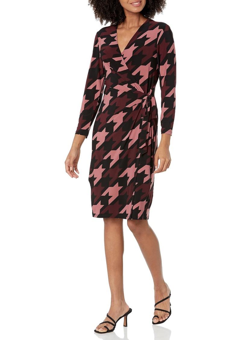 Anne Klein Women's Printed Classic WRAP Dress Black/Tea Rose