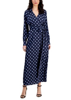 Anne Klein Women's Printed Collared Faux-Wrap Maxi Dress - Midnight Navy/Cape Blue