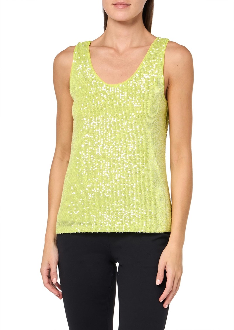 Anne Klein Women's Sequin MESH Double V Scoop Tank W Piping