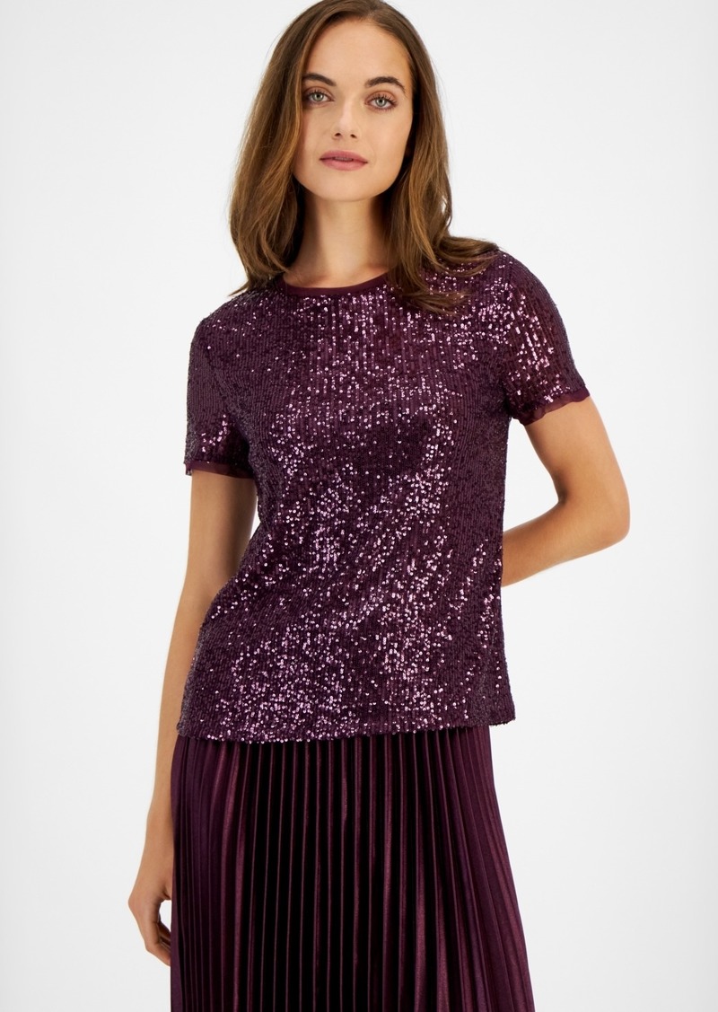 Anne Klein Women's Sequined T-Shirt - Deep Plum