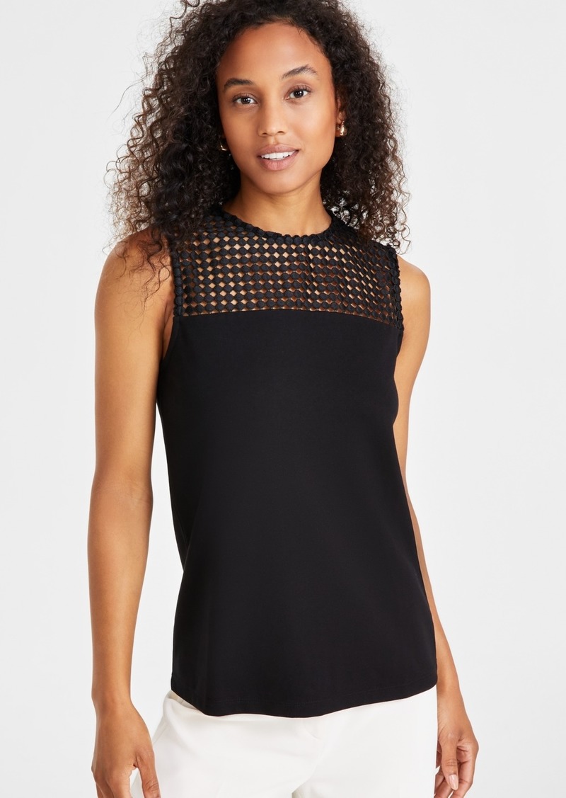 Anne Klein Women's Serenity-Knit Lace-Yoke Sleeveless Top - Anne Black