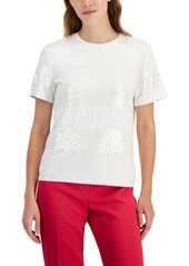 Anne Klein Women's Short-Sleeve Sequin-Striped T-Shirt - Bright White