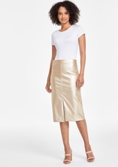 Anne Klein Women's Slit-Front Faux-Leather Midi Skirt - Gold