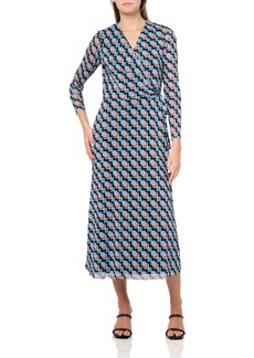 Anne Klein Women's Square Neck TIE Waist MIDI Dress Anne BLK/Cape BLU MLT