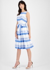 Anne Klein Women's Striped Sleeveless Tie-Waist Fit & Flare Dress - Shore Blue