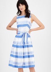 Anne Klein Women's Striped Sleeveless Tie-Waist Fit & Flare Dress - Shore Blue